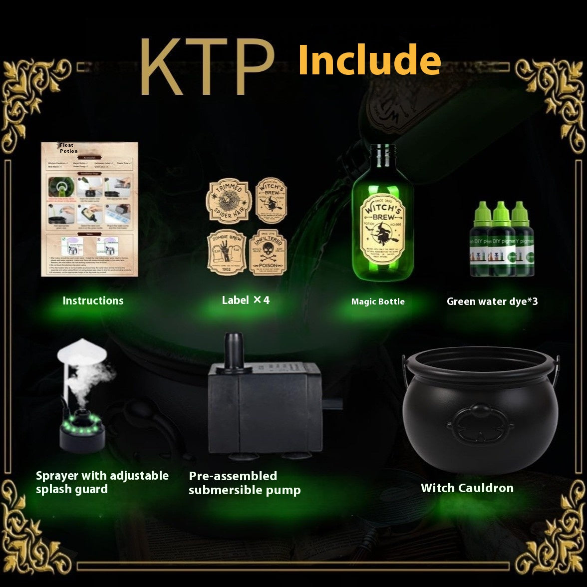 KTP kit with green bottle, cauldron, pump, and labels on a dark background